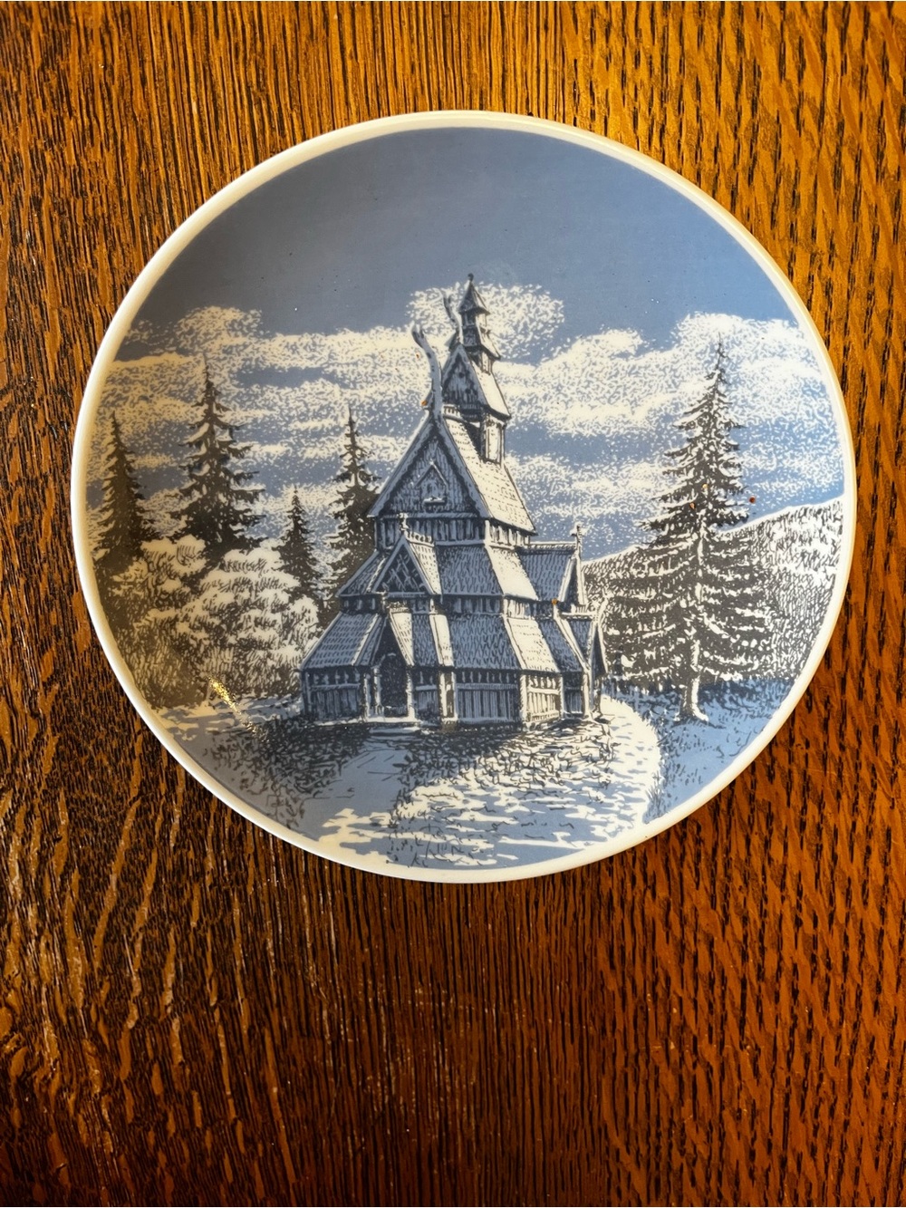 Vintage Norwegian Porsgrund Stave church. Subtle blue, white and green plate.